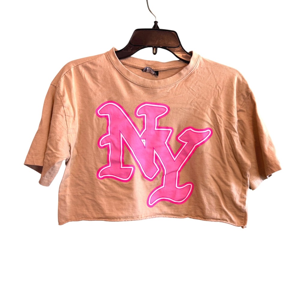Popular Sports Tan NY Graphic Cropped T-Shirt Pink New York‎ Logo Medium
